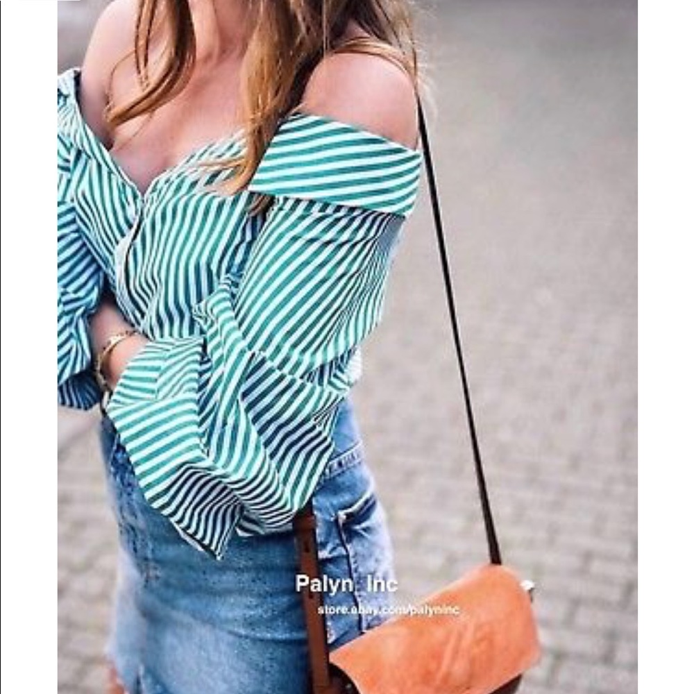 NWT Zara Green White Striped Open Neck Button Down - Picture 6 of 8